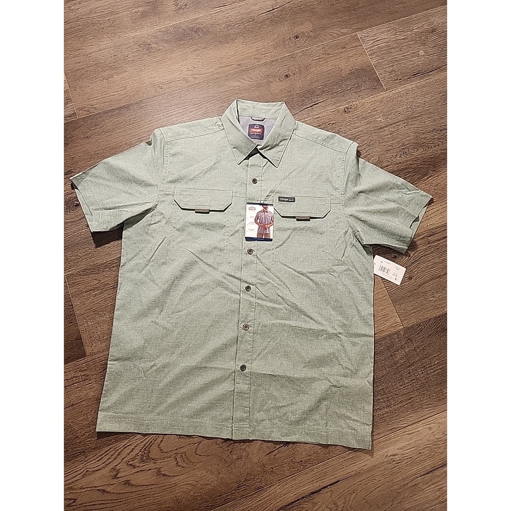 Men Medium Wrangler Sage Green Outdoor Series Thru Hike Regular Fit Short Sleeve